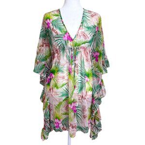 Betsey Johnson Caftan Cover-Up Tropical Floral Sheer Chiffon Womens Size M/L